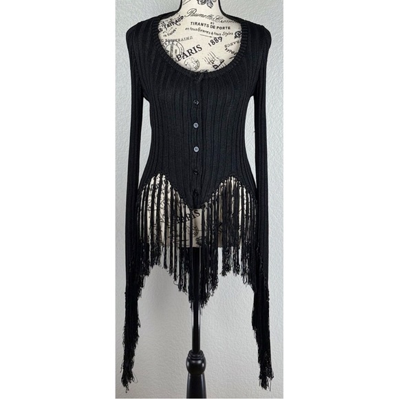 Moschino Black Ribbed Cardigan Sweater long Fringed Sleeve Asymmetrical hem 4 US - Picture 2 of 11